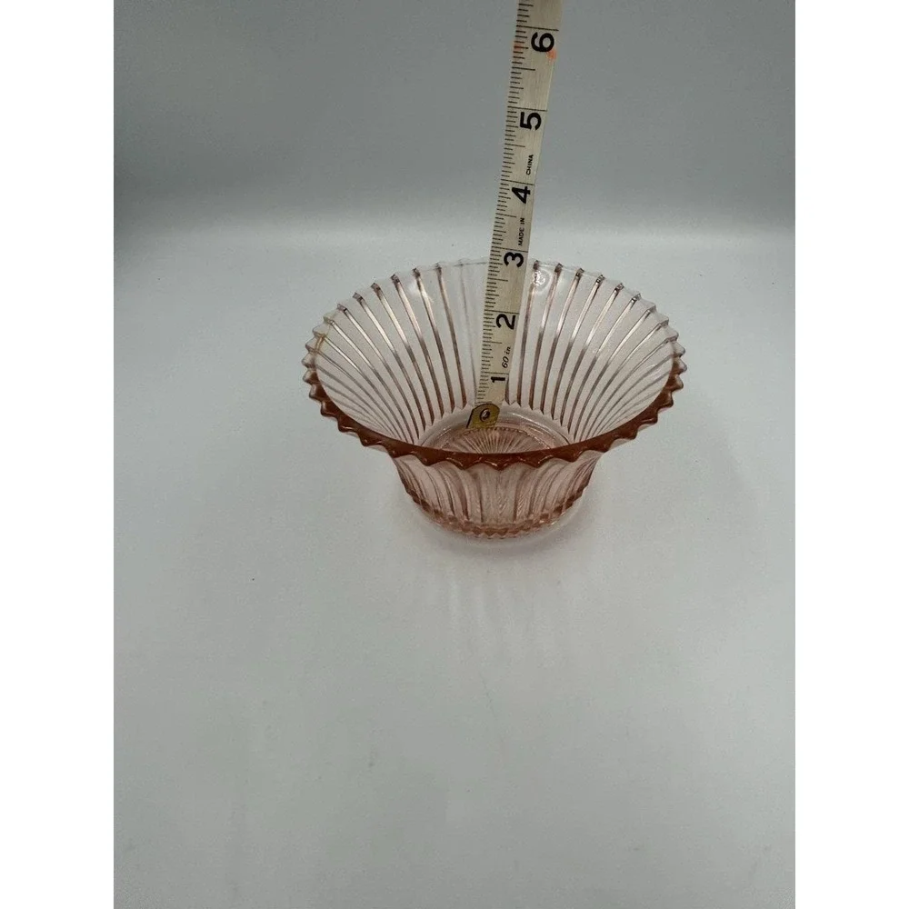 Pink Pressed Glass Ribbed Round Bowl Scalloped Rim 6 in Diameter